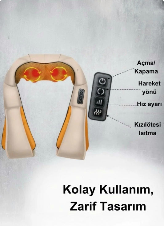 Isıtmalı Omuz & Boyun Yoğurmalı Masaj Cihazı – Derin Doku Masajı | 8 Kafalı Isı Terapisi