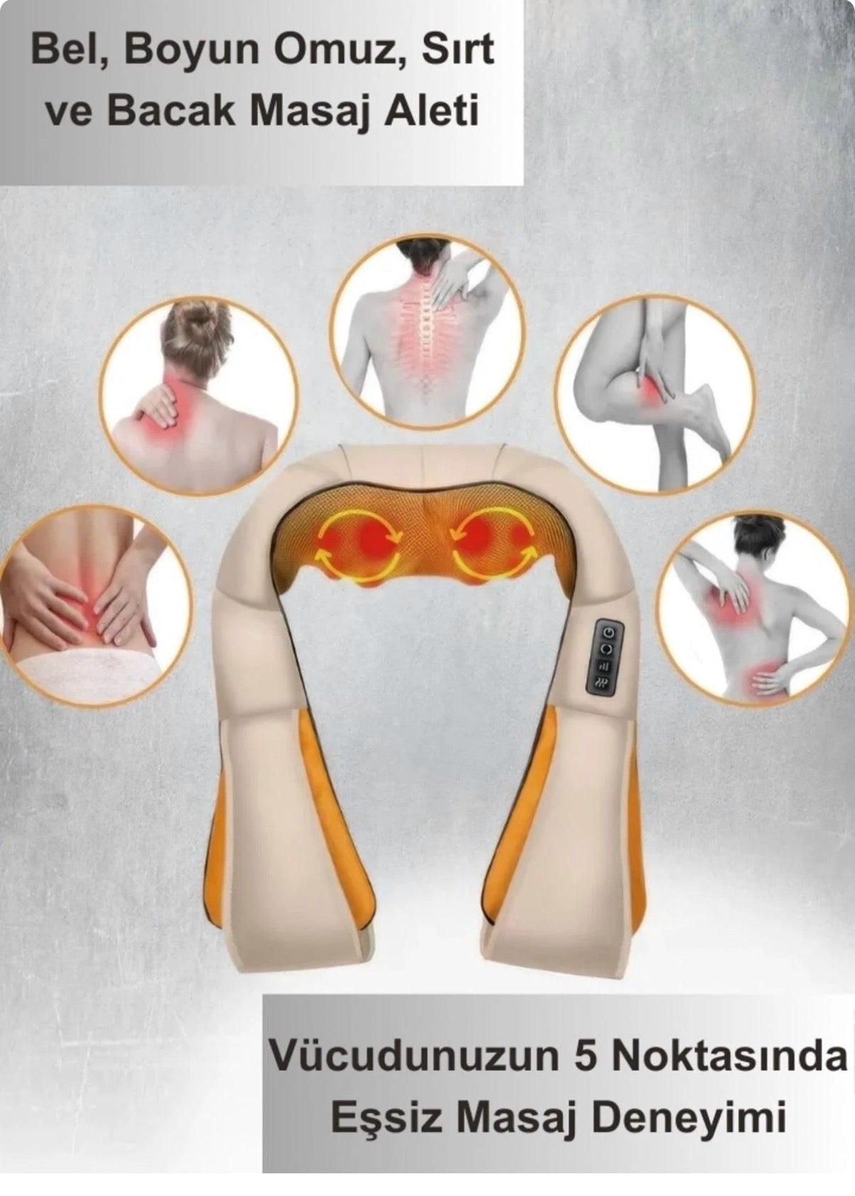 Isıtmalı Omuz & Boyun Yoğurmalı Masaj Cihazı – Derin Doku Masajı | 8 Kafalı Isı Terapisi